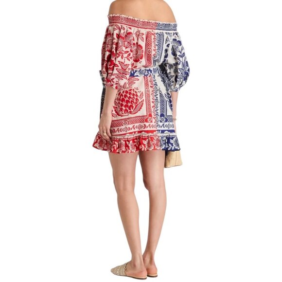 Farm Rio Mixed Pineapple Garden Off Shoulder Mini Dress S Pockets Puff Sleeves - Picture 4 of 16